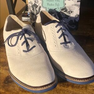 Cole Haan White Suede Oxfords with Blue Laces